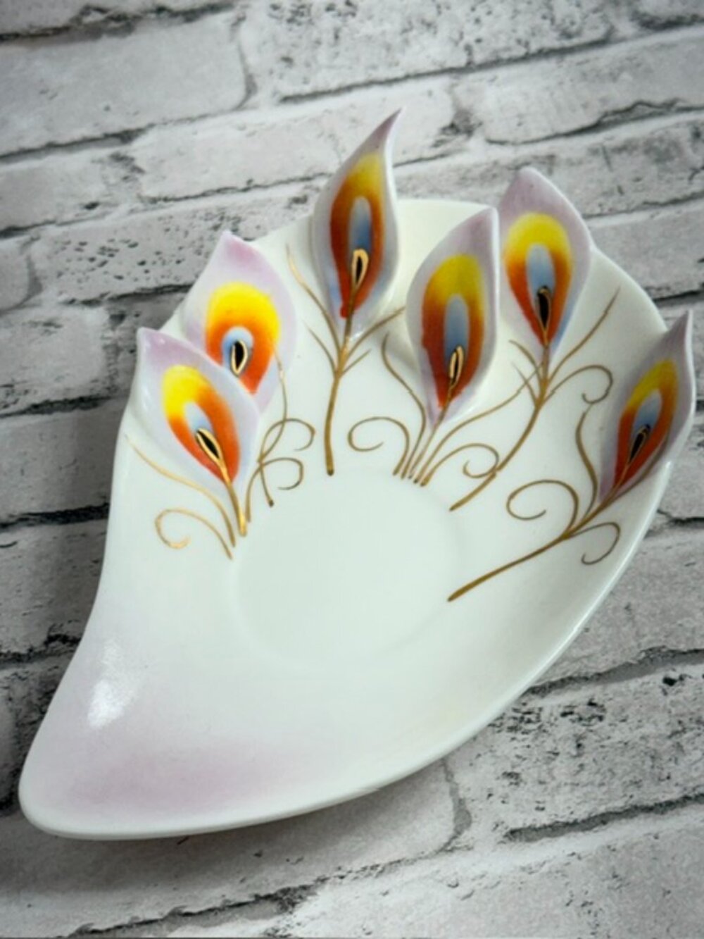 Vintage Trinket Jewelry Dish Porcelain Peacock Feathers Gold Antique Gift Decor